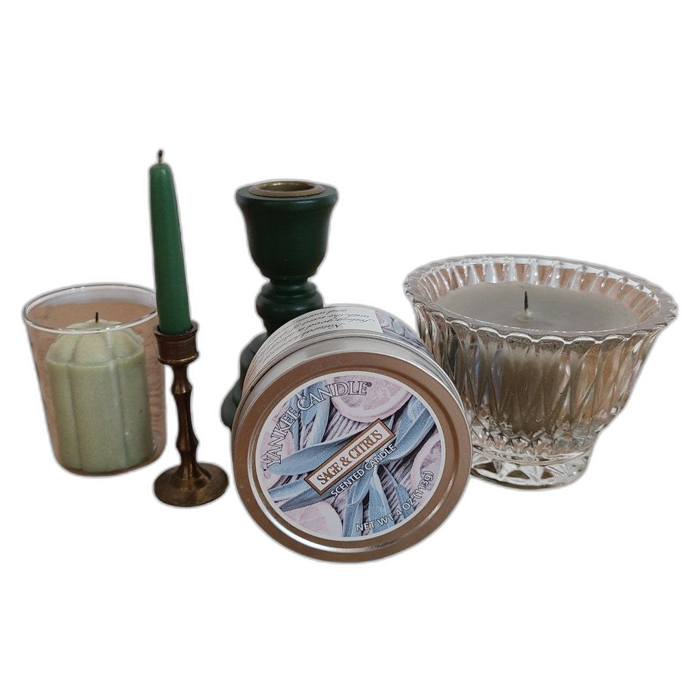 Mixed Sage Green Candle Lot Including Yankee Candle And Mini Brass Candleholder